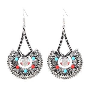 Red & Aqua Geometric Print Drop Earrings